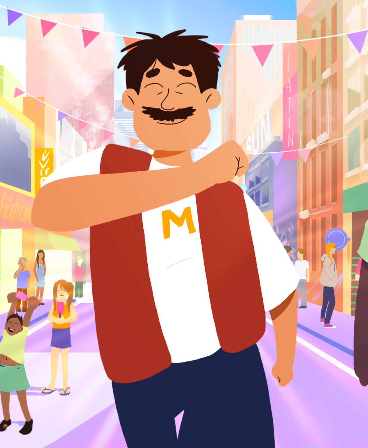 Ilustración 2D de un personaje en una calle, producida por Samsa.