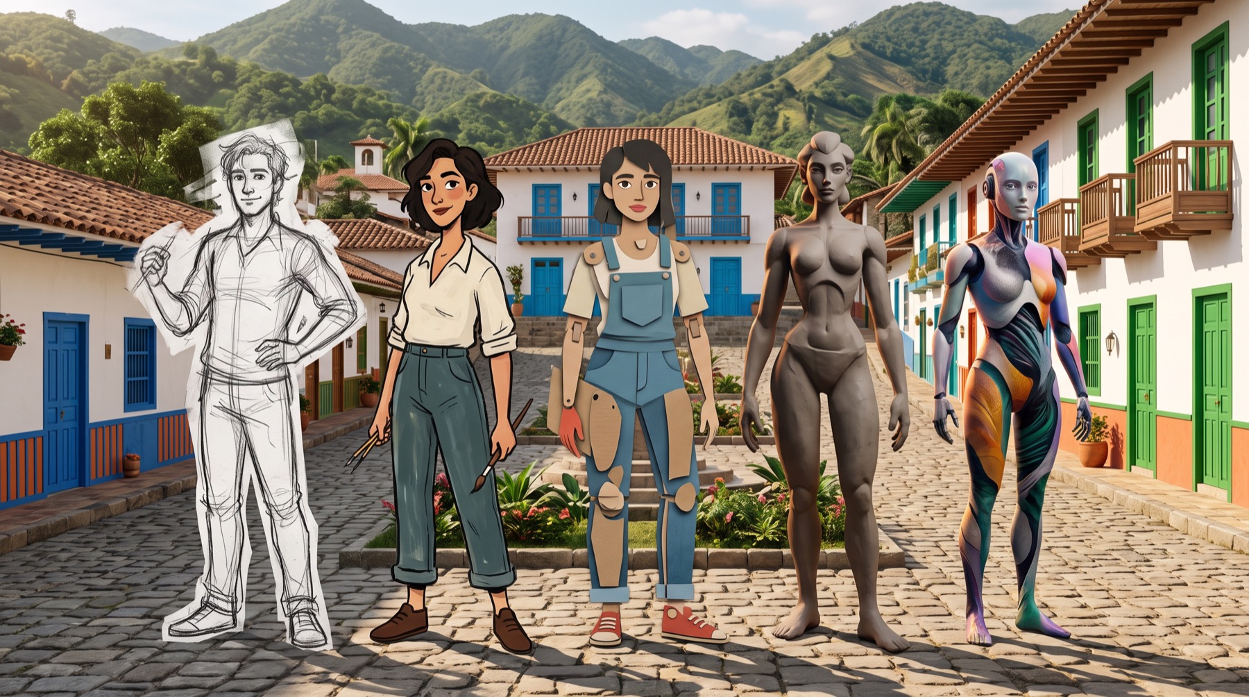 Los cinco personajes, cada uno resuelto en una técnica distinta, en una calle de pueblo colombiano.