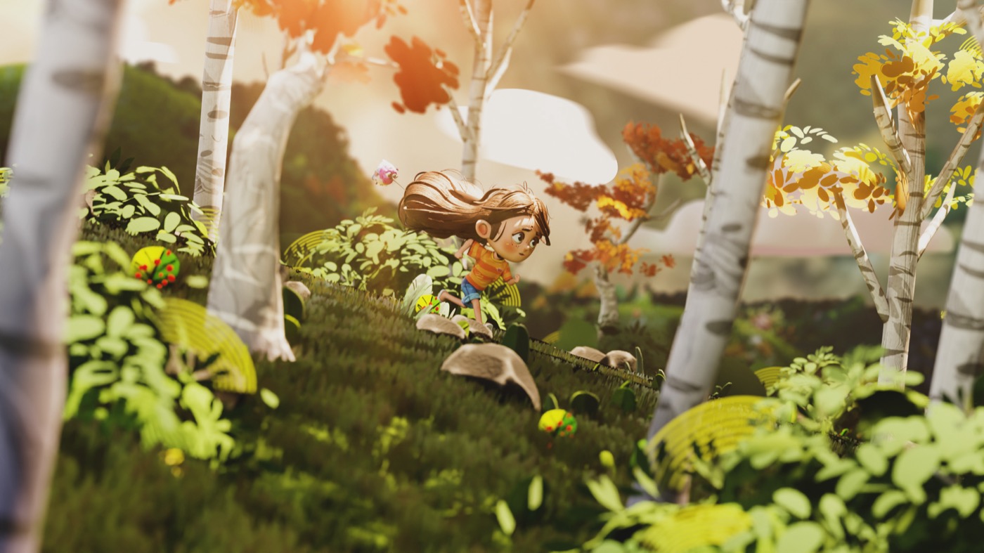 Fotograma 3D de una niña en un bosque de otoño.