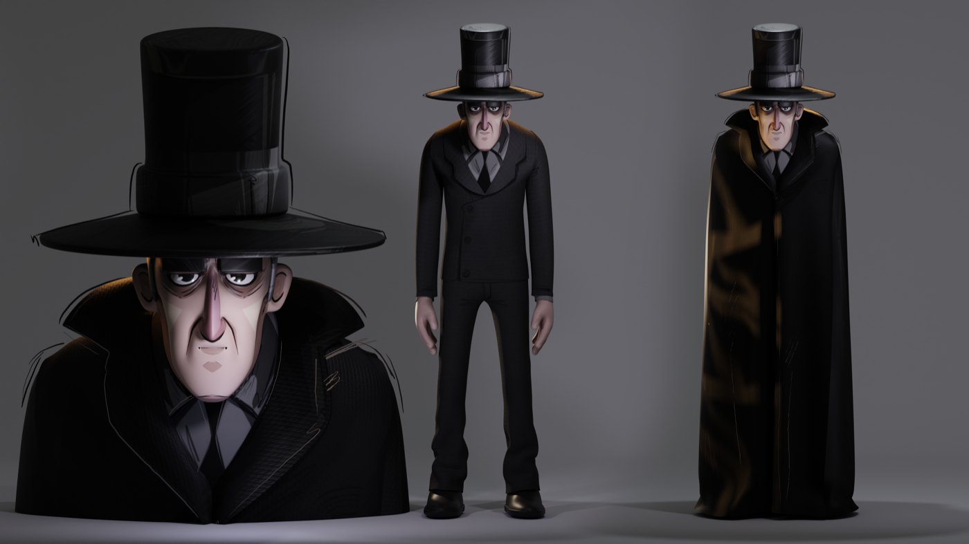 Diseño de tres personajes 3D con sombrero de copa.